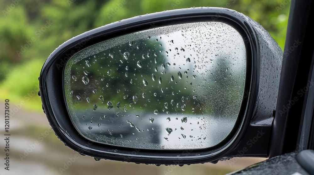 Raindrops dot a car's side mirror, showing trees. Raindrops dot a car's side mirror, showing trees.