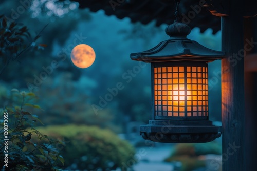 Lantern illuminates a pathway under a bright moon in a serene night landscape