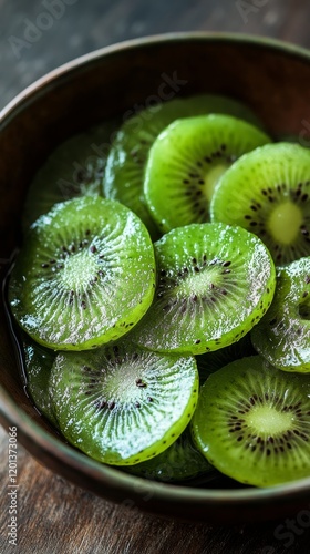 Freshly sliced kiwis arranged in a bowl surrounded by lush green leaves