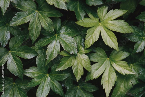 Green leaves layered on a textured surface showcasing natural patterns and co...