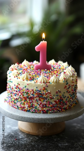 Colorful one-year birthday cake with sprinkles and candle on top in festive s...