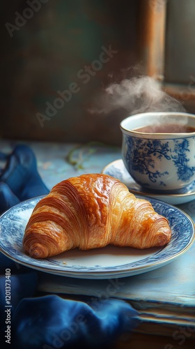 Enjoying a warm croissant with tea on a cozy morning in a sunlit kitchen