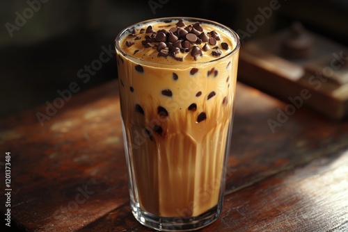 Iced coffee drink with chocolate chips served in a clear glass on a wooden table