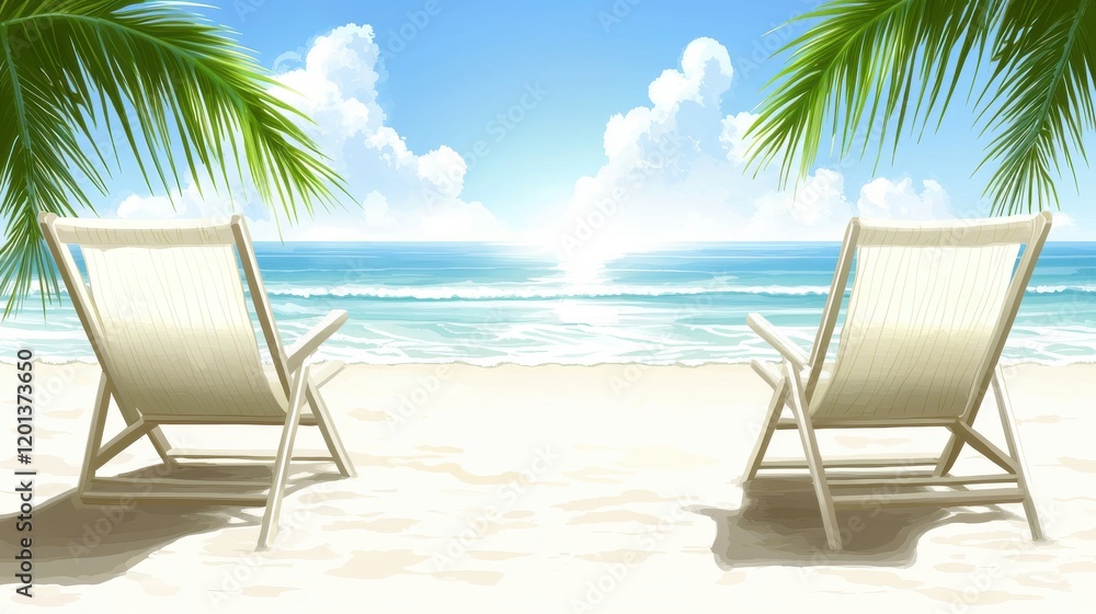 Relaxing beach chairs facing the ocean tropical paradise digital art calm atmosphere scenic view serenity concept Relaxing beach chairs facing the ocean tropical paradise digital art calm atmosphere scenic view serenity concept