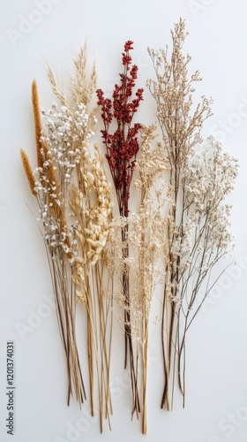 Dried floral arrangement featuring various textures and colors against a neut...