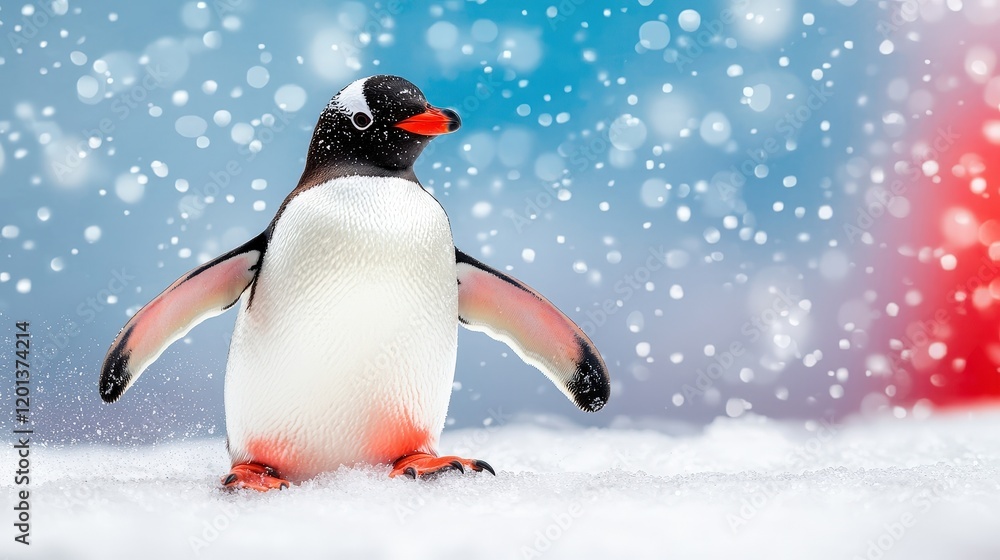 Fototapeta premium Gentoo penguin in snowy landscape arctic wildlife nature photography winter wonderland close-up view