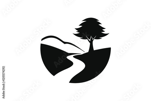 Silhouette of River Valley with Trees and Serene River Scene