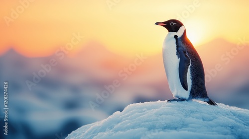 Stunning wildlife scene penguin on snowy peak at sunset nature photography outdoor adventure scenic view photo