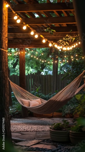 Cozy hammock under string lights in a serene garden at night