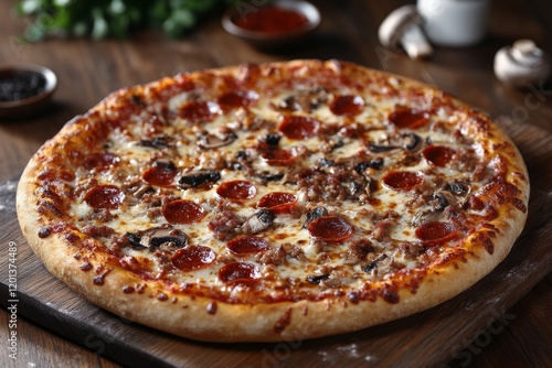 Delicious pepperoni and mushroom pizza with cheesy crust served on wooden board