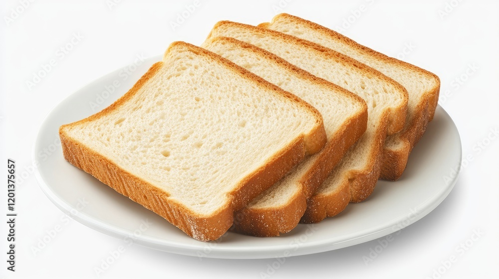 Thick slices of brioche bread with a light golden crust, stacked on a white plate with a clean background Thick slices of brioche bread with a light golden crust, stacked on a white plate with a clean background