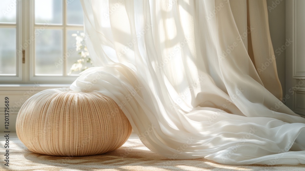 Sunlit room, sheer curtains, textured ottoman. Sunlit room, sheer curtains, textured ottoman.