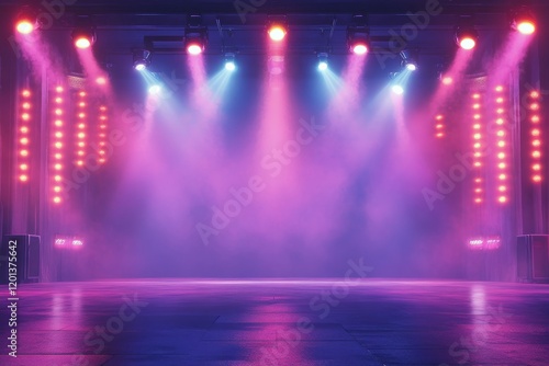 Vibrant stage lights illuminate a performance area with dramatic color and at...