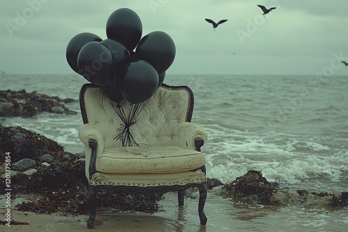 A fantastical scene where a chair is kept in equilibrium by numerous ascending balloons photo