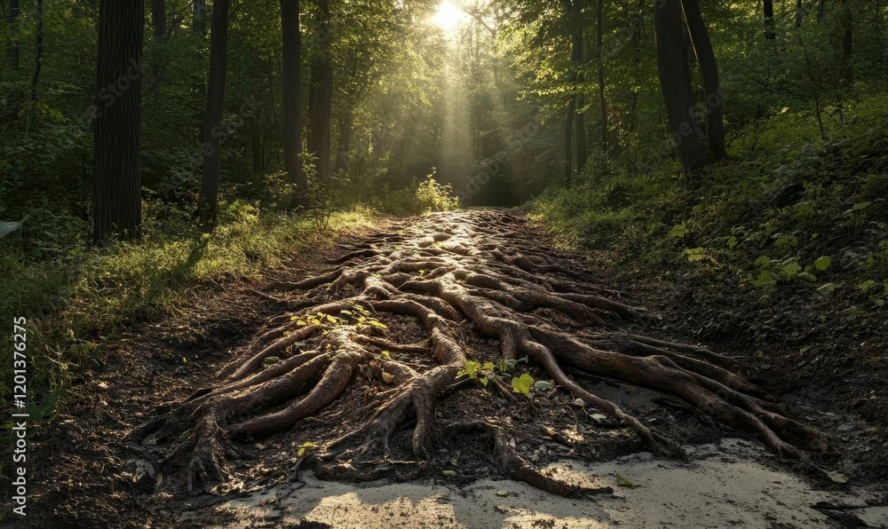 Fototapeta premium Sunlit forest path with exposed tree roots.