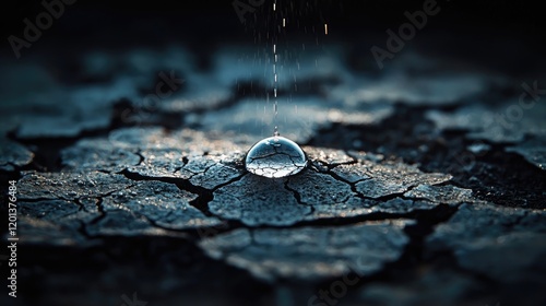 Raindrop hitting cracked dry ground. Dramatic lighting, golden tones, arid environment, symbolic of drought, nature's resilience, hope in desolation. Generative AI