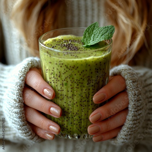 In a square frame, a woman in a white sweater clutches a glass of matcha green vegan smoothie with chia seeds and mint. The image highlights clean eating, detox, alkaline diet, and weight loss photo