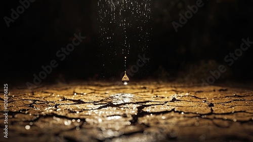 Raindrop hitting cracked dry ground. Dramatic lighting, golden tones, arid environment, symbolic of drought, nature's resilience, hope in desolation. Generative AI