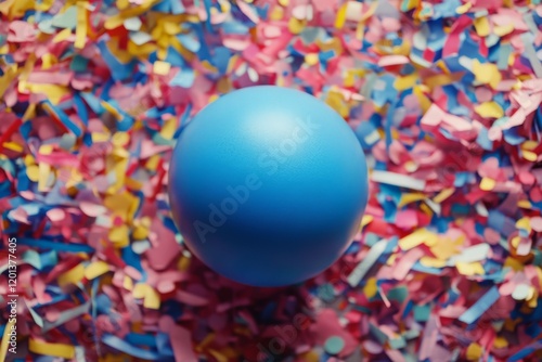 Bright blue ball surrounded by colorful confetti at a festive celebration event