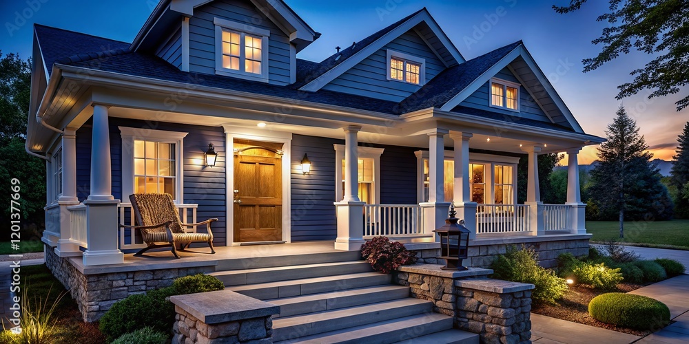 Fototapeta premium Night Photography: Charming Dark Blue House with White Trim, Porch, and Rocking Chair