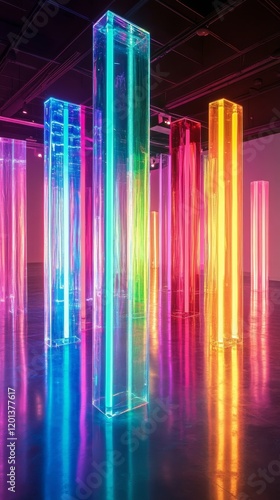 Vibrant illuminated columns create a mesmerizing display in an art exhibition...