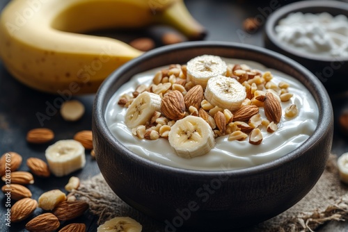 Healthy breakfast bowl with yogurt, bananas, nuts, and a side of fresh fruit ...