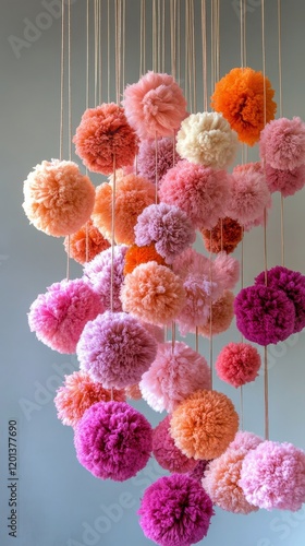 Colorful hanging pom poms create a vibrant decoration in a stylish interior s...