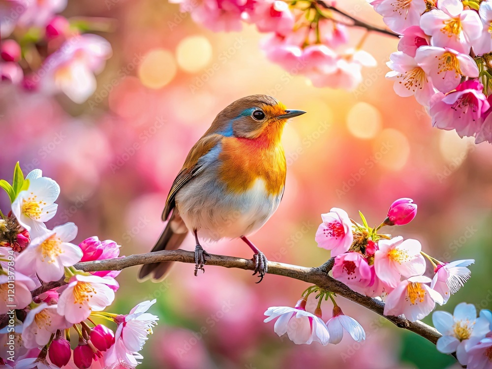 Delicate pink cherry blossoms frame a bird perched on a branch, a vibrant spring scene. Delicate pink cherry blossoms frame a bird perched on a branch, a vibrant spring scene.