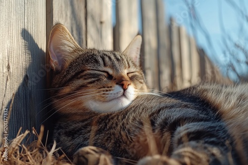 Cat relaxing in the sunlight near wooden fence on a calm afternoon