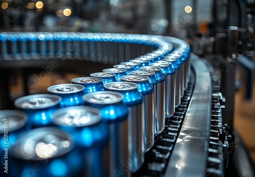 Empty new aluminum cans for the drink process are moving along a conveyor belt in a factory line, embodying the food and beverage industry concept with a vintage, cool tone photo style