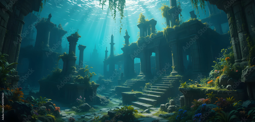 Fototapeta premium Sunken ancient ruins submerged in crystal-clear water with vibrant marine life