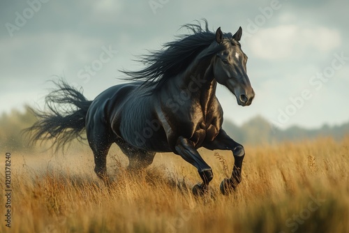 Majestic black horse grazing in a misty meadow during early morning hours