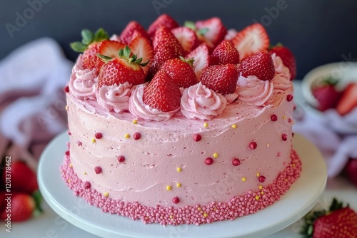Fresh strawberry cake with whipped cream on a white plate served at a bright ...