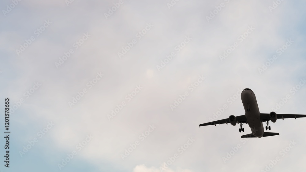 Fototapeta premium Airplane flies in sky at sunset day. Travel. Airplane Takes Off Against the Background of Sunset. 3840x2160 ULTRA HD.