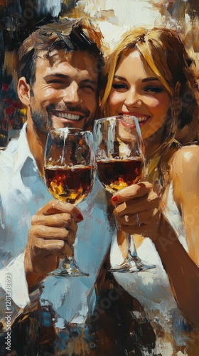 Couple enjoying a romantic toast with glasses of white wine in a cozy setting...