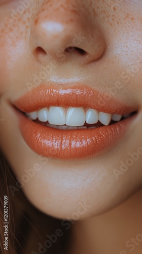 Smiling woman with red lips and freckles showcasing bright, white teeth in cl...