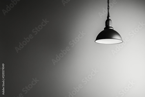 Elegant black pendant lamp hanging against a simple gray background in a mode...