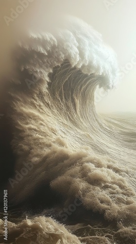 Majestic ocean wave crashing against the shore on a cloudy day