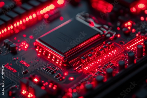 Microchip circuit board glowing with bright red lights in a dark environment