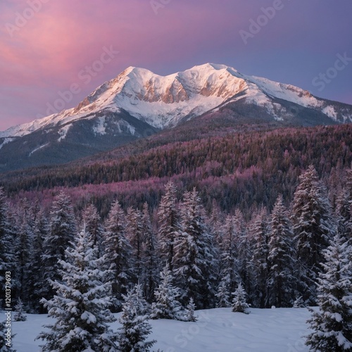 An expansive snowy mountain range reflecting soft pink and purple hues from a tranquil dawn sky, surrounded by a dense evergreen forest. photo