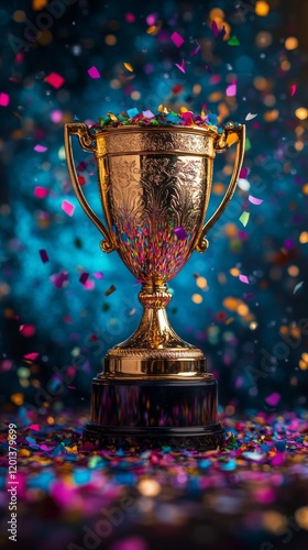 Golden trophy surrounded by colorful confetti at celebratory event