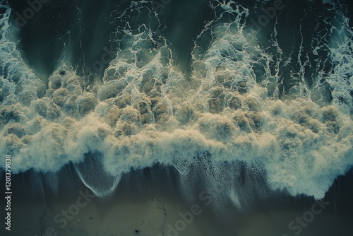 Ocean waves crashing on sandy beach from above during daytime