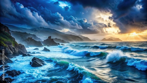Epic ocean mist shrouds a dramatic coastal panorama, a serene seascape in mysterious fog.