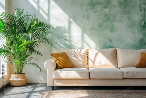 Bright living room with light-colored couch and green plant in a modern space