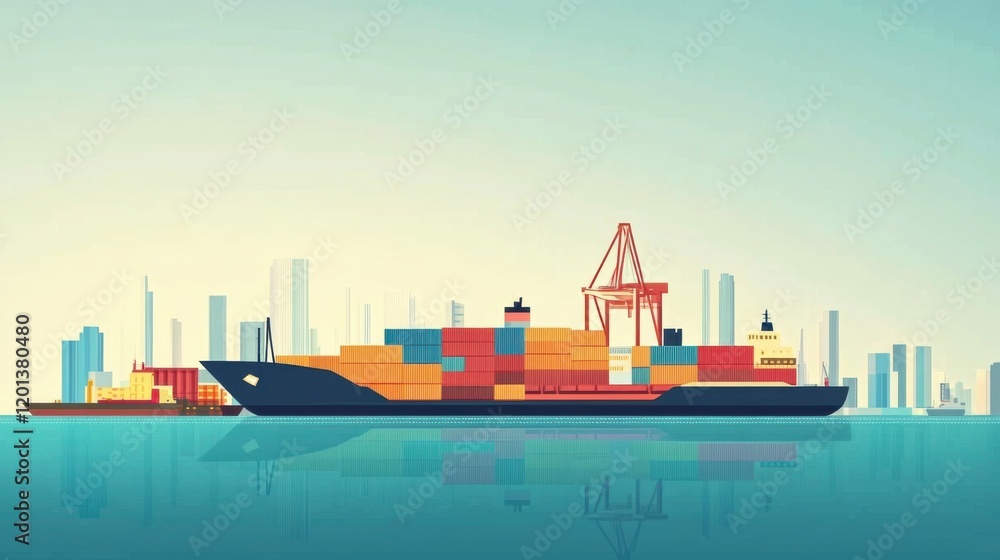 Fototapeta premium Large Container Ship Docked at Harbor with Colorful Cargo Boxes Against City Skyline in Calm Waters, Symbolizing Global Trade and Transportation