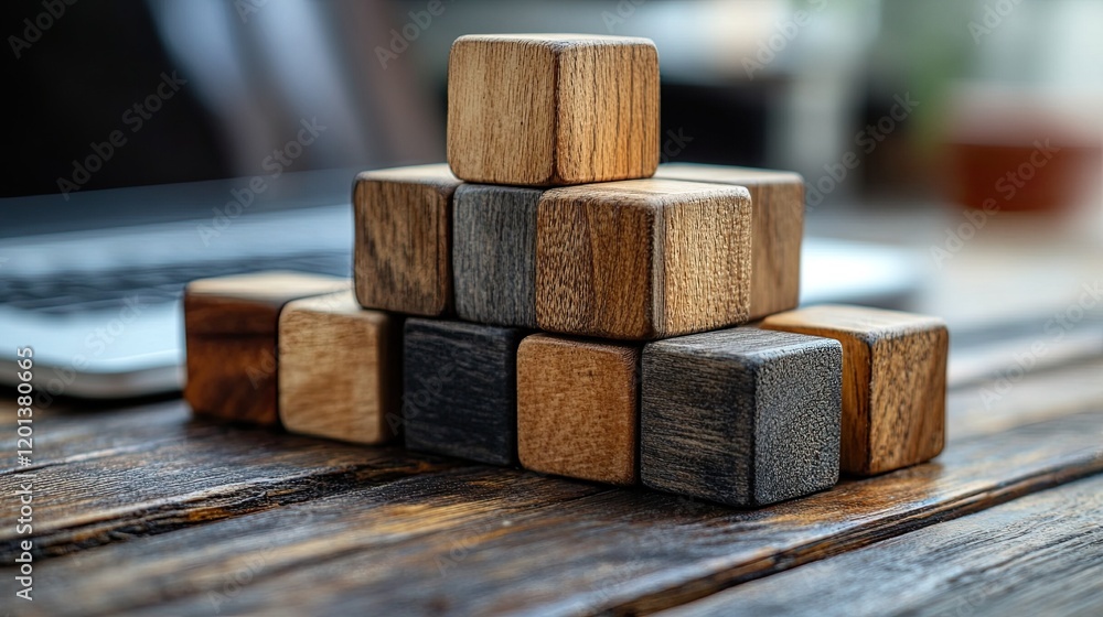Business workflow and automation concepts, featuring wooden blocks arranged in a processing management system. Business workflow and automation concepts, featuring wooden blocks arranged in a processing management system.