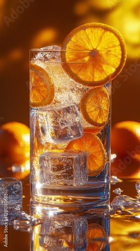 Refreshing citrus drink with ice cubes and orange slices on a sunlit table