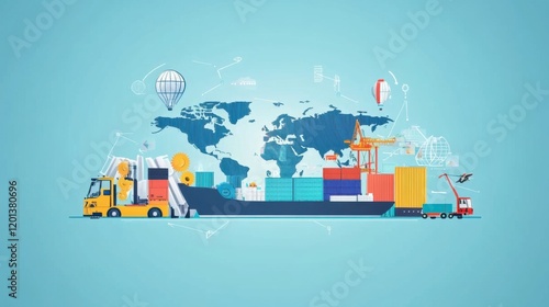 Global Trade and Shipping Concept Featuring Containers, Cargo Ship, Trucks, and Transportation Elements Against a World Map Background