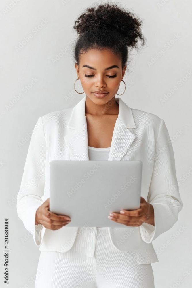 A young African woman dressed in professional attire focuses on her laptop, surrounded by a clean, bright environment, engaging in work. Generative AI A young African woman dressed in professional attire focuses on her laptop, surrounded by a clean, bright environment, engaging in work. Generative AI