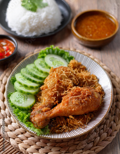 Ayam Serundeng. Indonesian Traditional Fried Chicken with Shredded Coconut photo